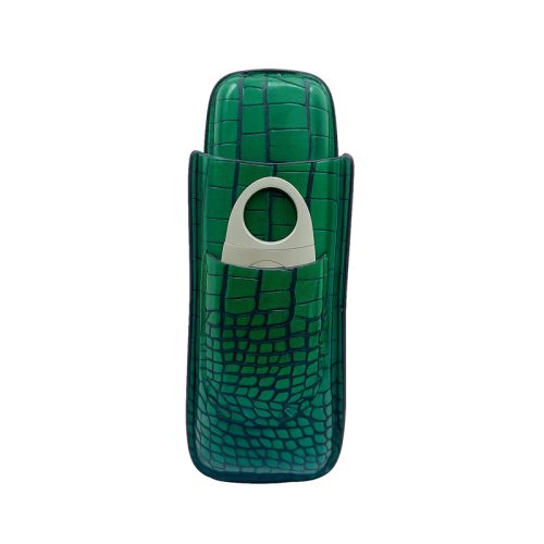 CIGAR CASE (2) GREEN LEATHER WITH CUTTER