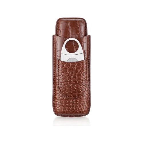 กล่องใส่ซิการ์ CIGAR CASE (2) BROWN LEATHER WITH CUTTER